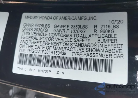 2020 Honda Accord Sport из США, поврежденный, VIN 1HGCV1F36LA153438